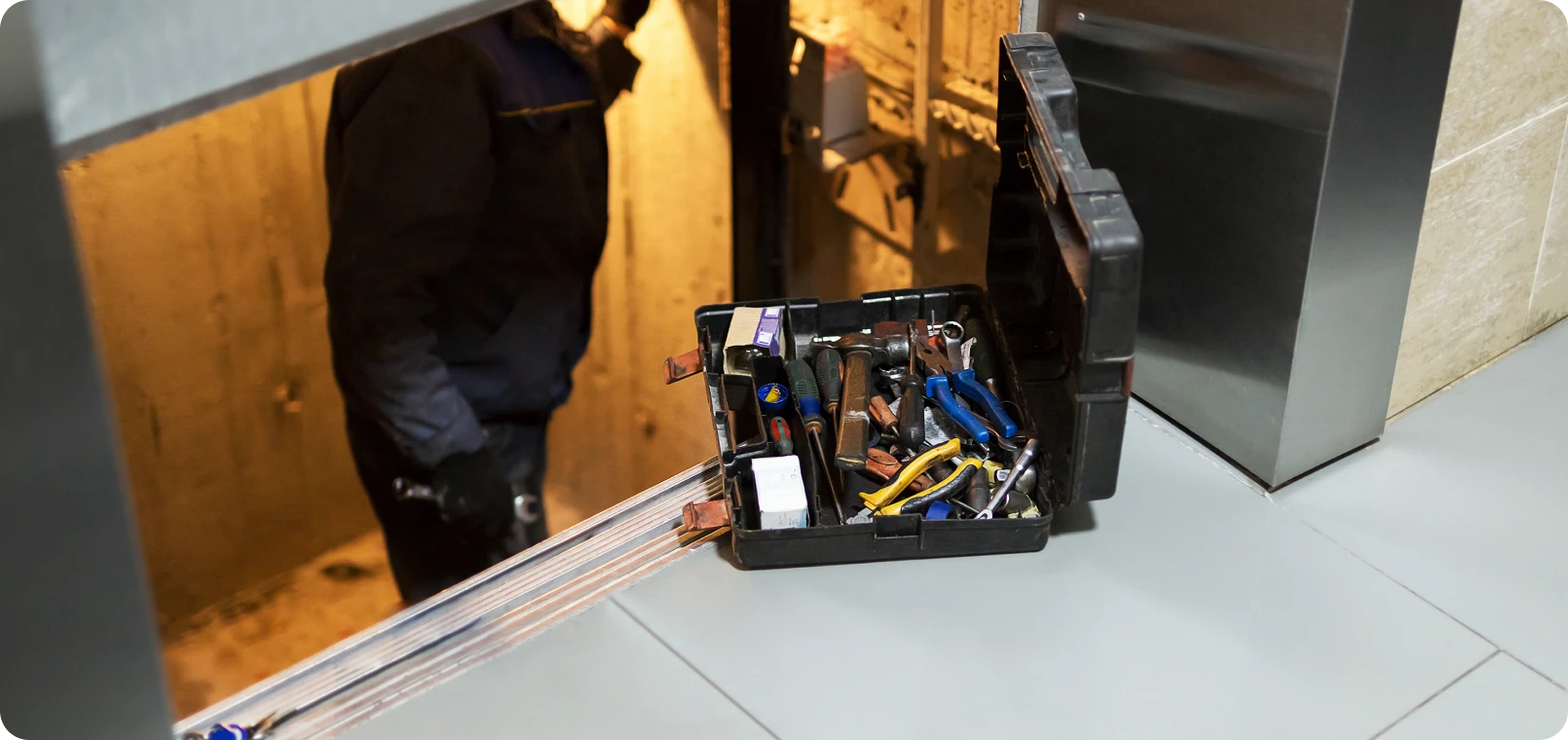 Toolbox next to elevator shaft